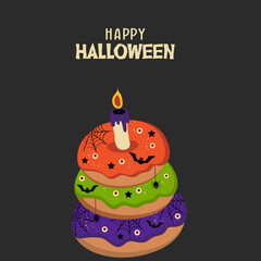 Happy Halloween greeting card with Donuts and Candle. Ideal for posters, postcards, invitations, and banners.