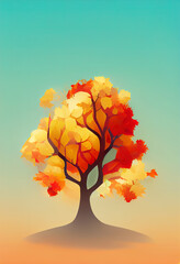 Autumn tree with yellow-orange foliage. Gradient background. Flat picture. Digital illustration