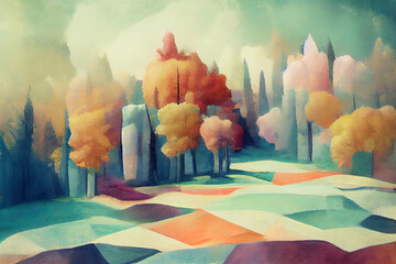 Pastel shades of the autumn forest. Artistic effect of painting with paints. Digital illustration