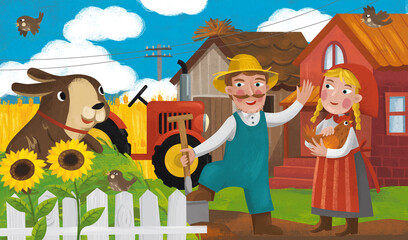 cartoon ranch scene with farmer family and dog illustration