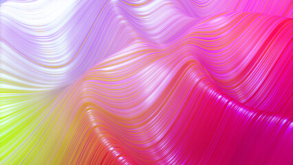 3d render. Shining surface, bright colorful background. Beautiful abstract background of waves on surface, color gradients, extruded lines as striped fabric surface with folds or waves on liquid