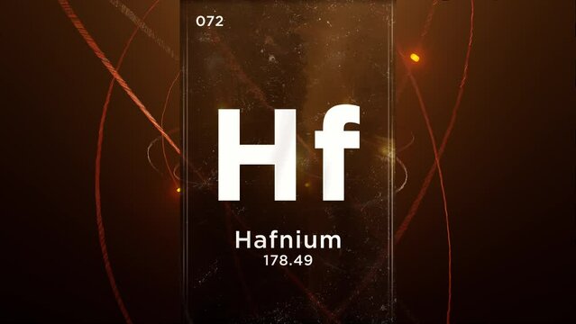 Halfnium (Hf) symbol chemical element of the periodic table, 3D animation on atom design background
