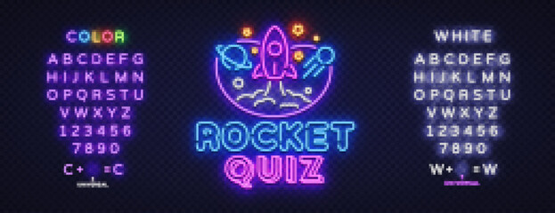 Naklejka premium Quiz neon signboard vector. Rocket Quiz vintage styled neon glowing letters shining, Light Banner, Questions team game.Vector illustration