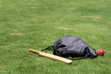 Miniature cricket bat with ball and drawstring bag filled with gear laying on green grass