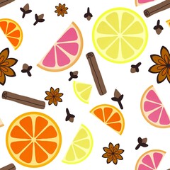 Winter warm mulled wine ingredients seamless doodle cartoon pattern for wrapping and clothes print and fabrics