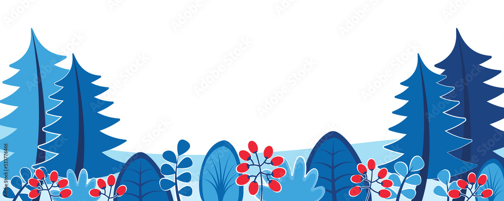 Poster winter nature background with landscape pattern concept. horizontal web banner with fir trees, bushe