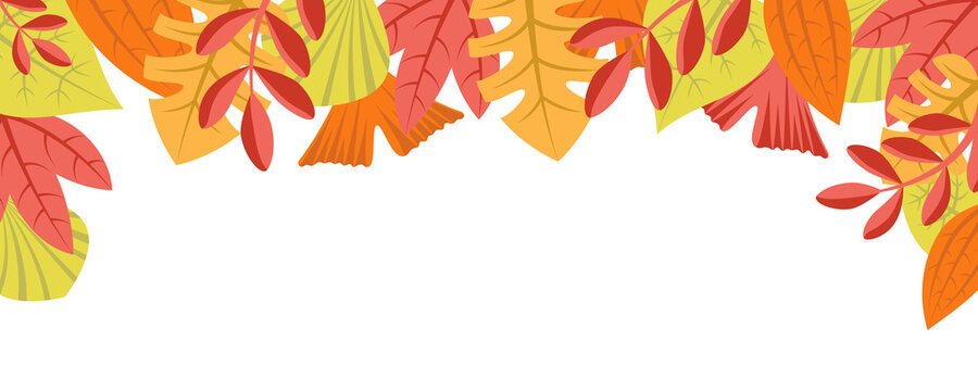 Autumn nature background with leafage pattern concept. Horizontal web banner with autumnal leaves. Fall colourful plants border isolated on white. Illustration in flat design for website.