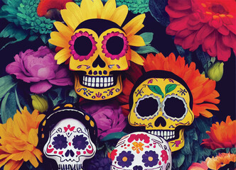 An illustration of Calaverita, skulls and flowers for "Dia De Los Muertos", Mexican tradition. 