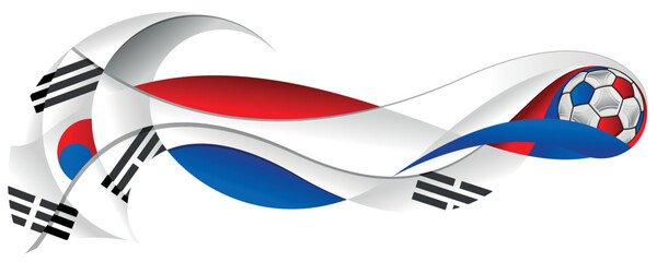 Red blue and white soccer ball leaving an abstract wavy trail with the colors of the South Korean flag on a white background. Vector image