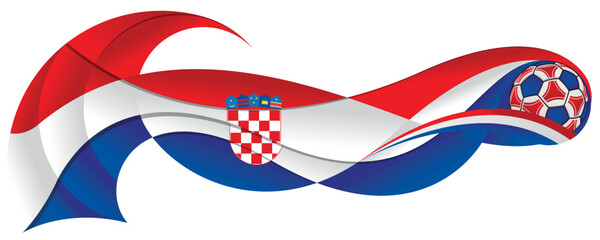 Red, white and blue soccer ball leaving a wavy trail with the colors of the Croatian flag on a white background. Vector image