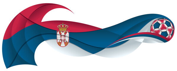 Red blue and white soccer ball leaving an abstract trail in the form of a wavy with the colors of the Serbian flag on a white background. Vector image