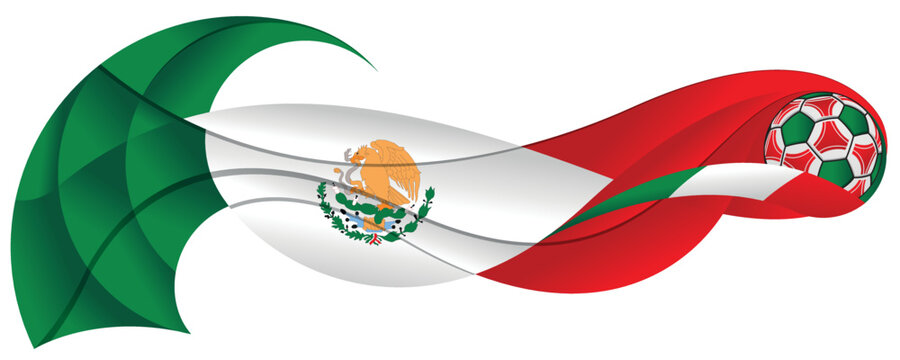 Green white and red soccer ball leaving an abstract trail in the form of a wavy with the colors of the flag of Mexico on a white background. Vector image