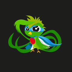 Ilustración de personaje animado de ave quetzal super héroe con bandera de Guatemala. En vectores editables. 