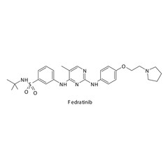 Fedratinib molecule flat skeletal structure, Tyrosine kinase - JAK inhibitor used in Myeloid cancer Vector illustration on white background. © Basstock