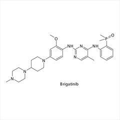 Brigatinib molecule flat skeletal structure, Tyrosine kinase - ALK and EGFR inhibitor used in non-small cell lung cancer Vector illustration on white background.