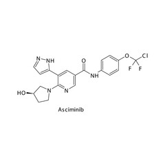 Asciminib molecule flat skeletal structure, Protein kinase - STAMP inhibitor used in Chronic myelogenous leukemia Vector illustration on white background.