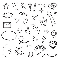 Hand drawn set of Abstract doodle elements. Arrows, heart, star, crown, signs and symbols in sketch style. Vector illustration isolated on white background
