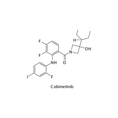Cobimetinib molecule flat skeletal structure, Tyrosine kinase - MEK, MAPK inhibitor used in Metastatic melanoma Vector illustration on white background.