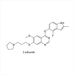 Cediranib  molecule flat skeletal structure, Tyrosine kinase - EGFR, VEGFR inhibitor used in non-small cell lung cancer, kidney and colorectal cancer Vector illustration on white background.