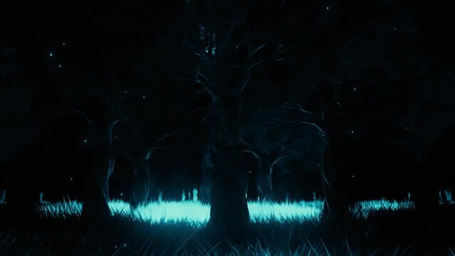 Fireflies in a Magic Glowing Blue Forest - Loop Fantasy Nature Landscape Background