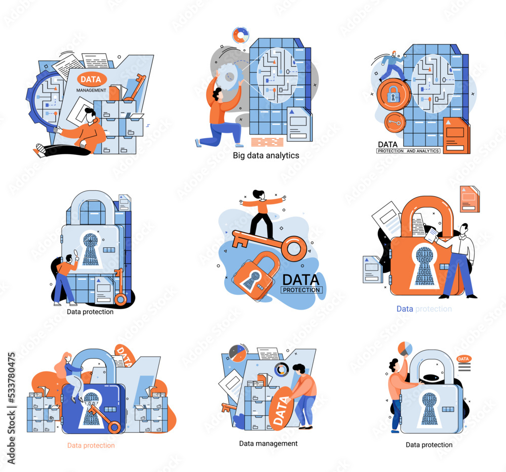 Poster big data analytics platform, data management and protection creative metaphor set abstract concept. 