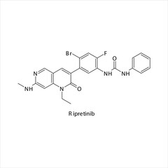 Ripretinib molecule flat skeletal structure, Tyrosine kinase - EGFR inhibitor used in Metastatic gastrointestinal stormal tumour - GIST Vector illustration on white background.