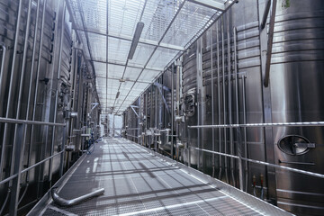 Large tanks for fermentation in the modern winery