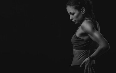 Strong sporty woman doing hand  to relax the tension in low back and sacrum in sport bra top on empty copy space black studio background. Sports exercises injury. Concept of medicine, massage. Black 