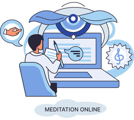 Meditation online application. Man watching online classes on laptop, practicing yoga. Live stream, internet education. Guy doing exercise wellness practice to restore peace of mind. Healthy lifestyle