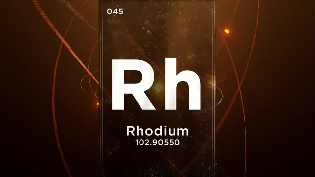 Rhodium (Rh) symbol chemical element of the periodic table, 3D animation on atom design background