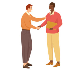 Young people group in casual clothes isolated on white congratulating friend and colleague on holiday, shake his hand. Smiling man standing straight. Colleagues portrait at corporate event