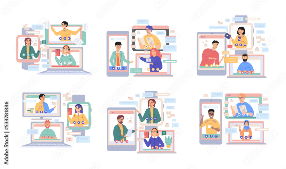 Poster virtual meeting, online teamwork. desktop computer with group of colleagues taking part in video con