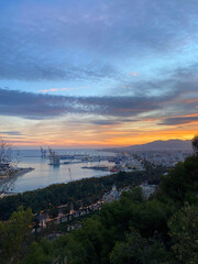 Obraz premium aerial view of the beautiful sunset in Malaga harbor, Andalusia, Spain. High quality photo