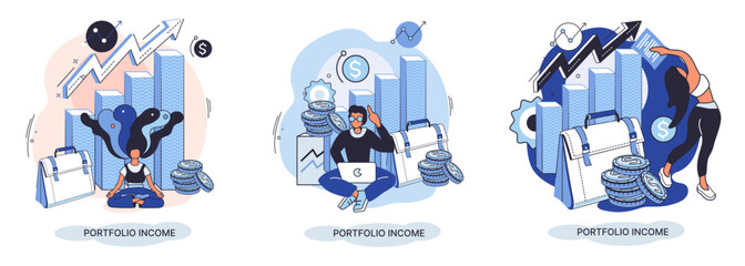 Investment portfolio income dollars currency, buy sell trading, market exchange value metaphor, businessman investor or trader balance portfolio with coins. Financiers analyzing stock market profit