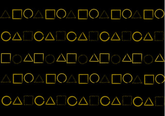 Golden elements - circles, squares and triangles on black backdrop. Graphic shapes. Geometric gold seamless pattern. Repeated pattern for design prints. Golden modern background. Fashion shape