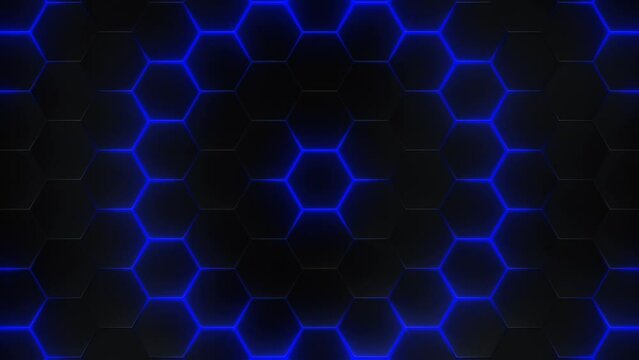 4k Abstract futuristic black hexagonal grid with blue energy, Trendy sci-fi technology background, hexagonal pattern surface. Geometric graphic High-tech 3D motion looping animation