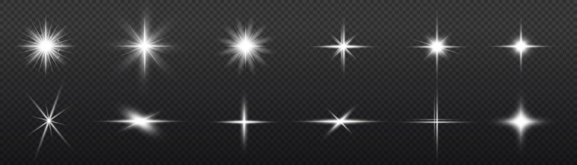 Set of glowing white stars bursts with sparkles. Sunlight special lens flare light effect. Shine, sparks, flash on transparent background. Glowing lights, star sparkl. Transparent shining sun. Vector.
