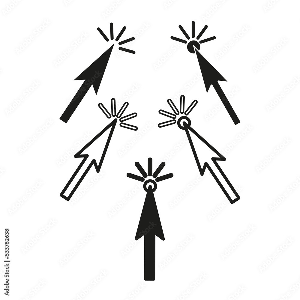 Poster black arrows cursors set. computer interface. search icon. vector illustration. stock image.