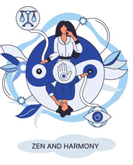 Obraz premium Zen and harmony metaphor, meditation practice. Balance, relaxation, mindfulness. Calm person relaxing. Yoga and spiritual practice, relax, recreation, healthy lifestyle. Japanese cult of mind and body