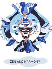 Zen and harmony metaphor, meditation practice. Balance, relaxation, mindfulness. Calm person relaxing. Yoga and spiritual practice, relax, recreation, healthy lifestyle. Japanese cult of mind and body