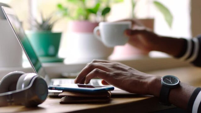 Laptop, productivity and business man hands typing, working on company website ux design or reading email for networking. Entrepreneur or information technology worker with multimedia at tech startup