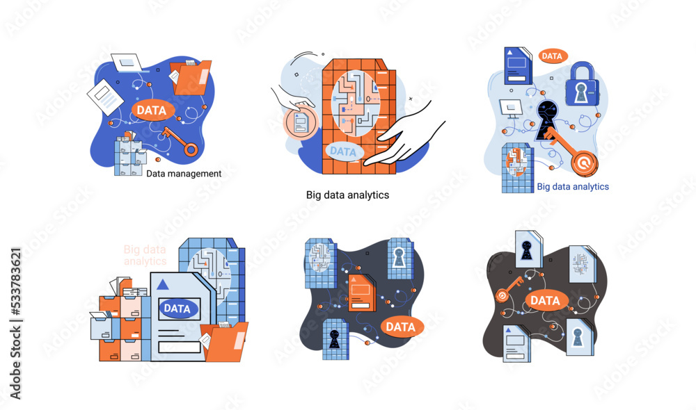Poster big data analytics platform, data management and protection creative metaphor set abstract concept. 