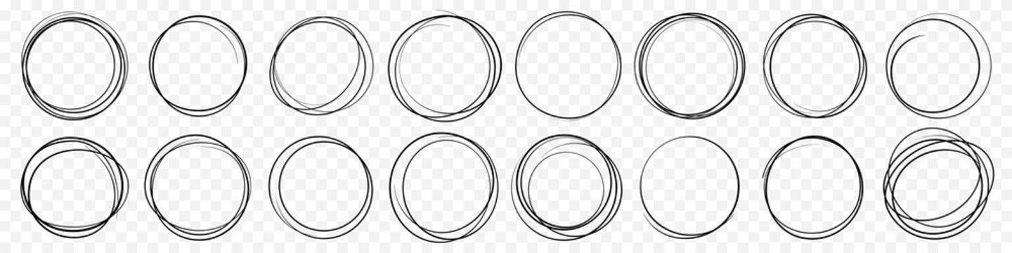 Hand drawn circle line sketch set. Vector circular scribble doodle round circles for message note mark design element. Pencil or pen graffiti  bubble or ball draft illustration
