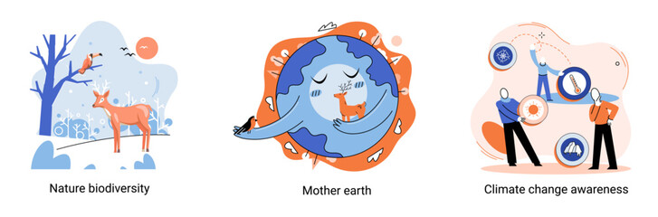 Change climate awareness, saving planet, World Environment Day, global warming ecological problems. Mother Earth day, nature biodiversity metaphor set. Care for surroundings eco concept
