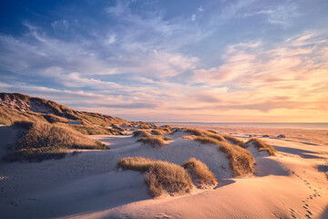 Sunset at the wide Dunes of northern Denmark. High quality photo - obrazy, fototapety, plakaty