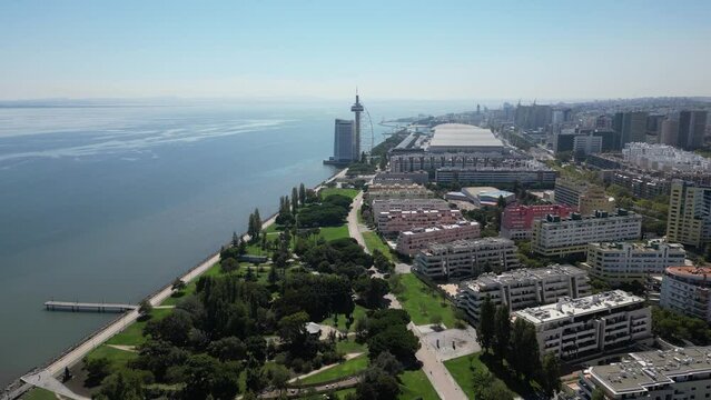 Aerial footage of the Vasco da Gama Tower at Park of The Nations in Lisbon (Parque das Na&ccedil;&otilde;es)