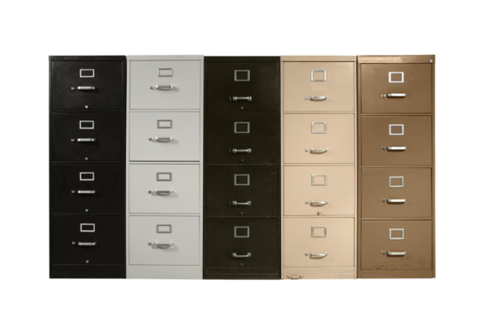 Funky vintage metal file cabinets isolated.       