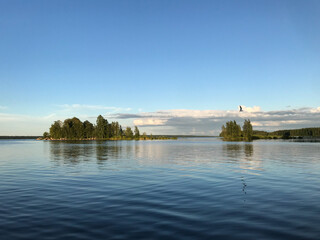 Summer landscape on a lake with a blue sky with clouds, an island with trees and a reflection of trees in the lake. Tourism and travel concept.