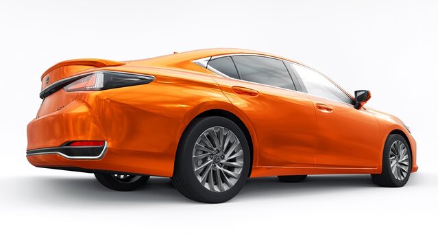Tokyo. Japan. September 27, 2022. Lexus ES300h 2022. Orange hybrid premium business sedan on a white background. 3d rendering.
