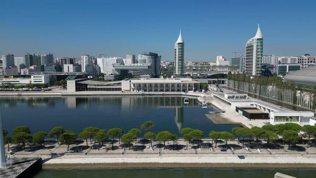 Aerial footage of Park of The Nations in Lisbon (Parque das Na&ccedil;&otilde;es)